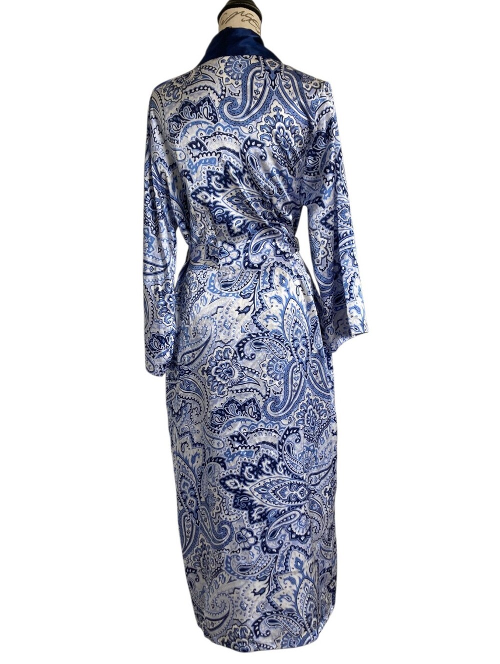 Jones New York Floral Paisley Long Satin Robe Blue S Belted Bride Classic - Picture 5 of 15